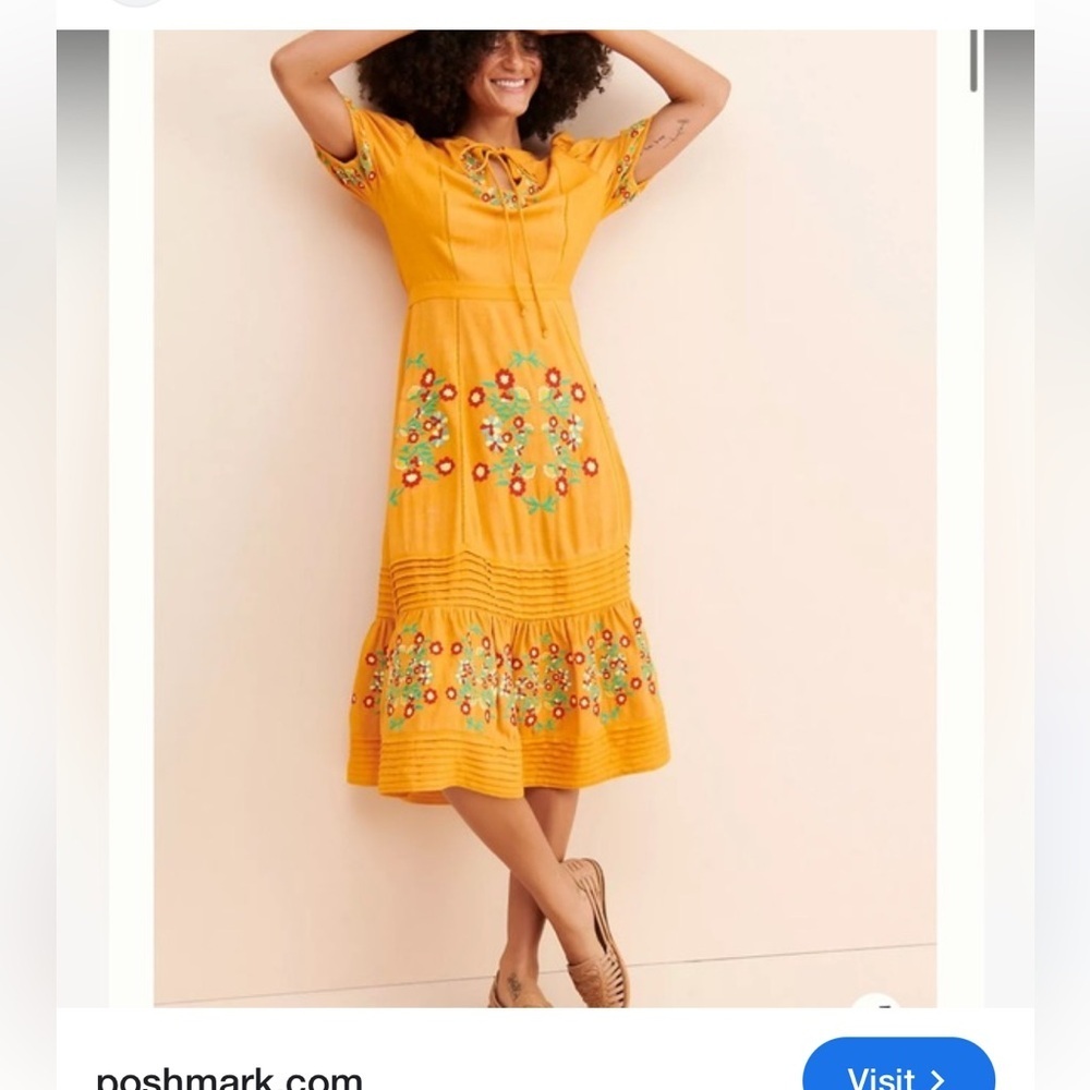 Anthropologie Ollari Dori Yellow Embroidered Floral Midi Dress Women’s Large